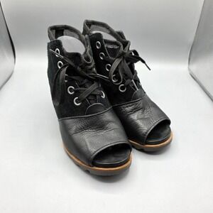 SOREL Joanie Mesh Sandals Womens 9 Black Leather Open Toe Bootie Lace Up Shoes